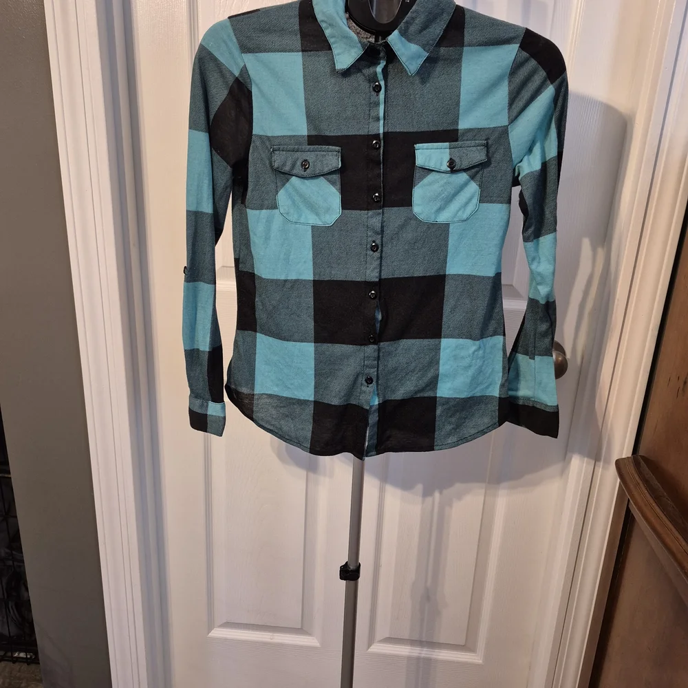 Rue21 Teal and Black Plaid Shirt Women's Medium - Picture 1 of 7